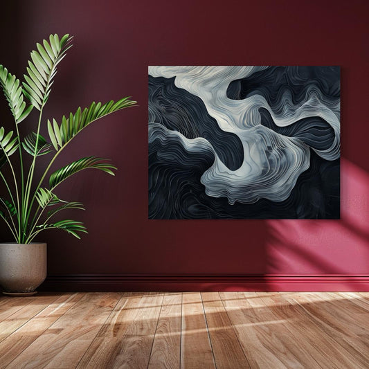 Black and white abstract wave art with layered flowing lines and topographic texture