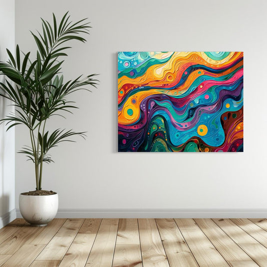 Colorful abstract swirls with vibrant patterns of orange, blue, pink, and green in flowing motion.