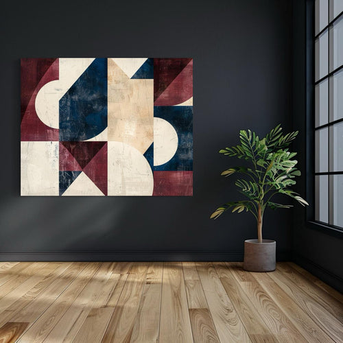 Vintage-style abstract painting featuring geometric shapes in muted red, navy, and cream tones with textured distressing.