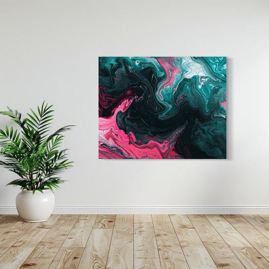 Abstract artwork featuring dynamic teal and crimson swirls on a black background