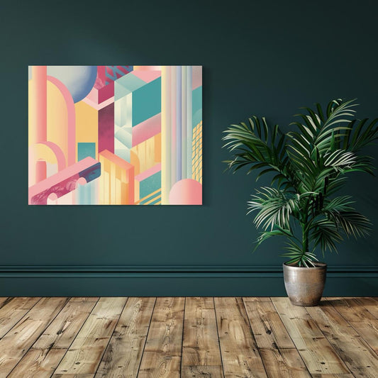 Pastel geometric abstract with arched shapes and futuristic architectural forms