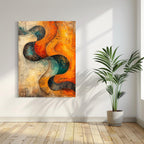 Flowing abstract artwork in earthy orange and teal with textured lines