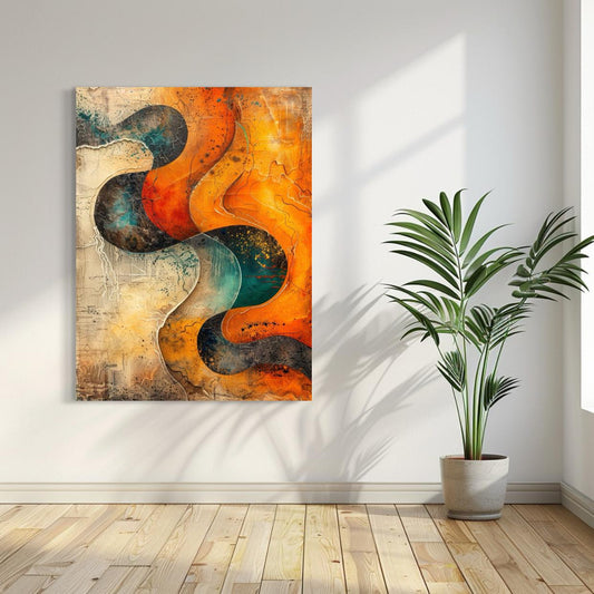 Flowing abstract artwork in earthy orange and teal with textured lines