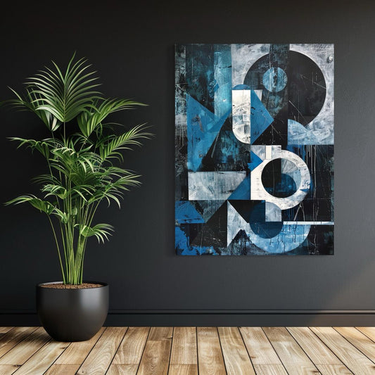 Abstract blue and white painting with geometric and textured elements