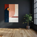 Minimal abstract artwork featuring soft blush, navy, and terracotta shapes on a clean background