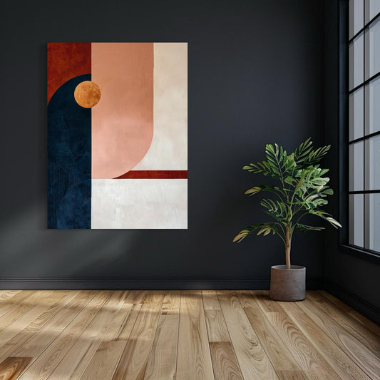 Minimal abstract artwork featuring soft blush, navy, and terracotta shapes on a clean background