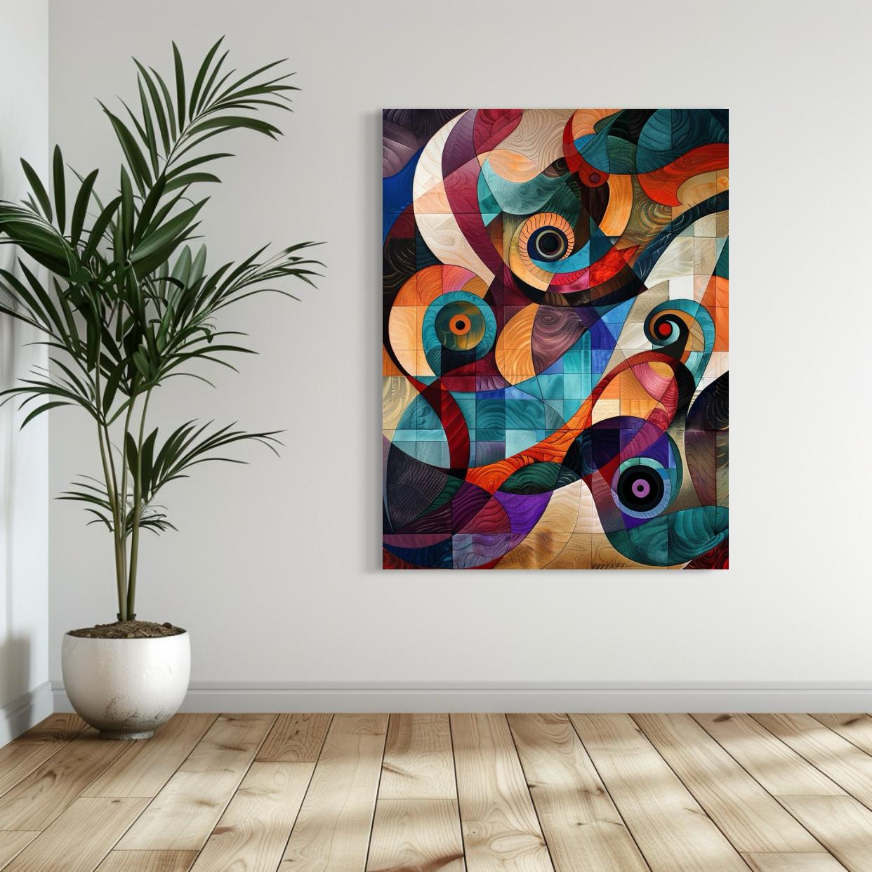 Spiraling abstract art with vibrant colors and swirling geometric shapes