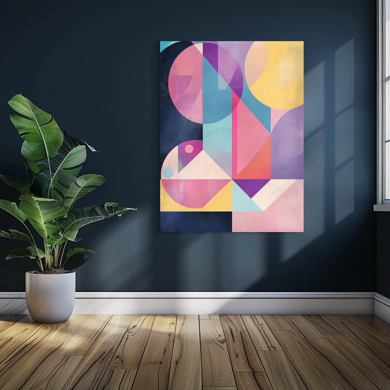 Abstract geometric art in soft pastel colors with circles and triangles