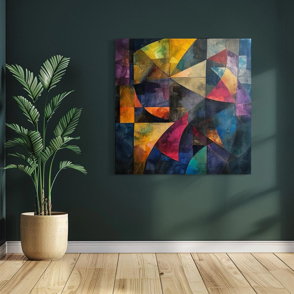 Geometric abstract artwork with intersecting curves and triangles in rich blues, purples, and golds.