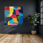 Vibrant abstract painting featuring colorful overlapping geometric blocks and textured brush strokes.