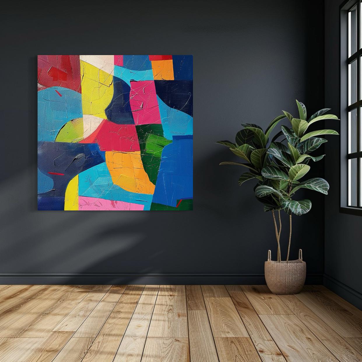 Vibrant abstract painting featuring colorful overlapping geometric blocks and textured brush strokes.