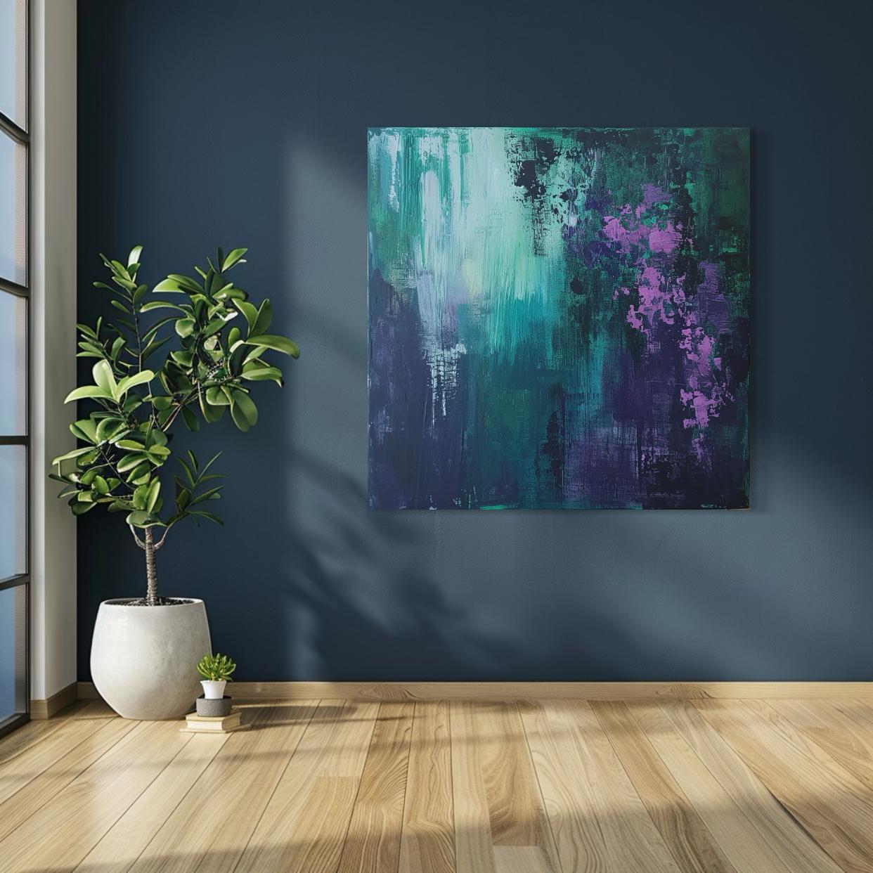 Dark abstract painting with green, teal, and purple textures resembling a mystical garden