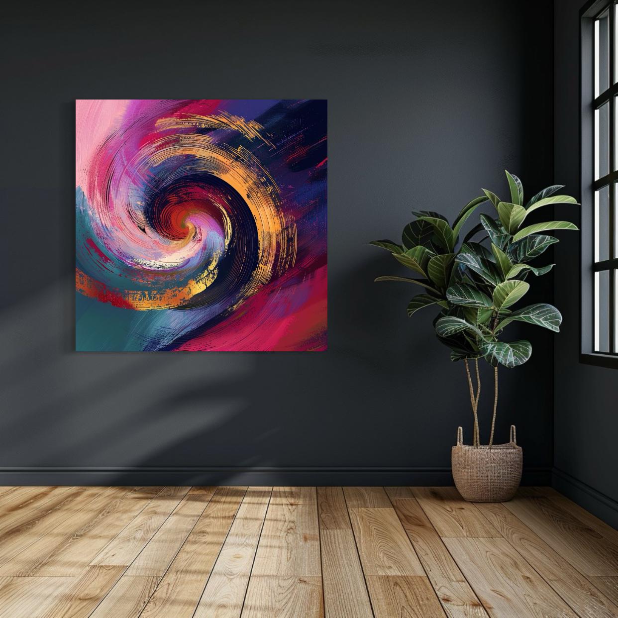 Abstract swirl artwork with golden, magenta, and deep blue brush strokes in circular motion