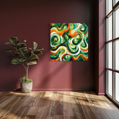 Colorful abstract swirls in green, orange, and teal tones resembling open plains