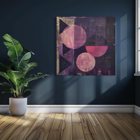 Dark abstract artwork with textured purple and black circular and triangular shapes