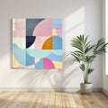 Minimal pastel abstract painting with soft curves and gentle geometric forms in light tones.