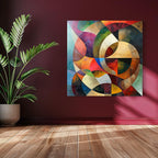 Bold geometric abstract art with curved gold, burgundy, and emerald green shapes