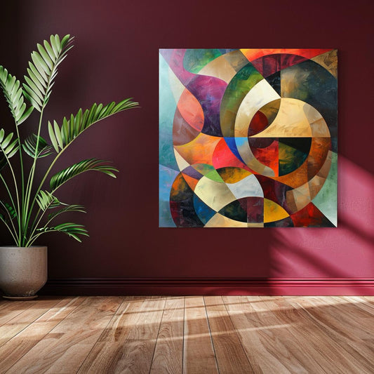 Bold geometric abstract art with curved gold, burgundy, and emerald green shapes