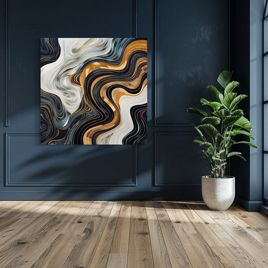 Flowing abstract pattern of gold, black, and white waves with a luxury textured appearance.