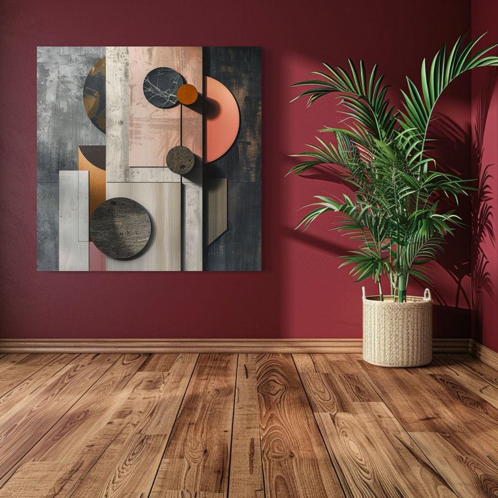 Abstract textured artwork with planets, circles, and geometric forms in earthy and peach tones