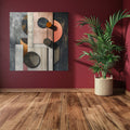 Abstract textured artwork with planets, circles, and geometric forms in earthy and peach tones