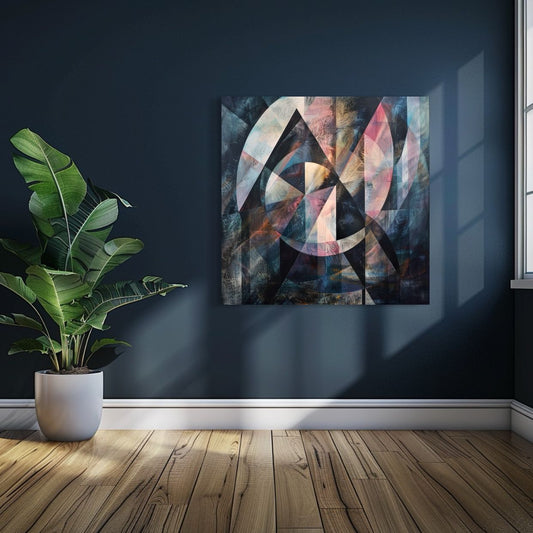 Colorful abstract artwork with bold layered triangles and textured geometry