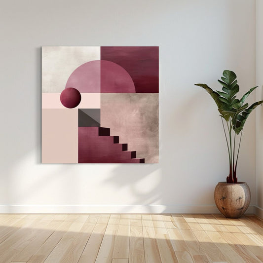 Minimal abstract artwork in blush and rose pink with staircase and circular shapes
