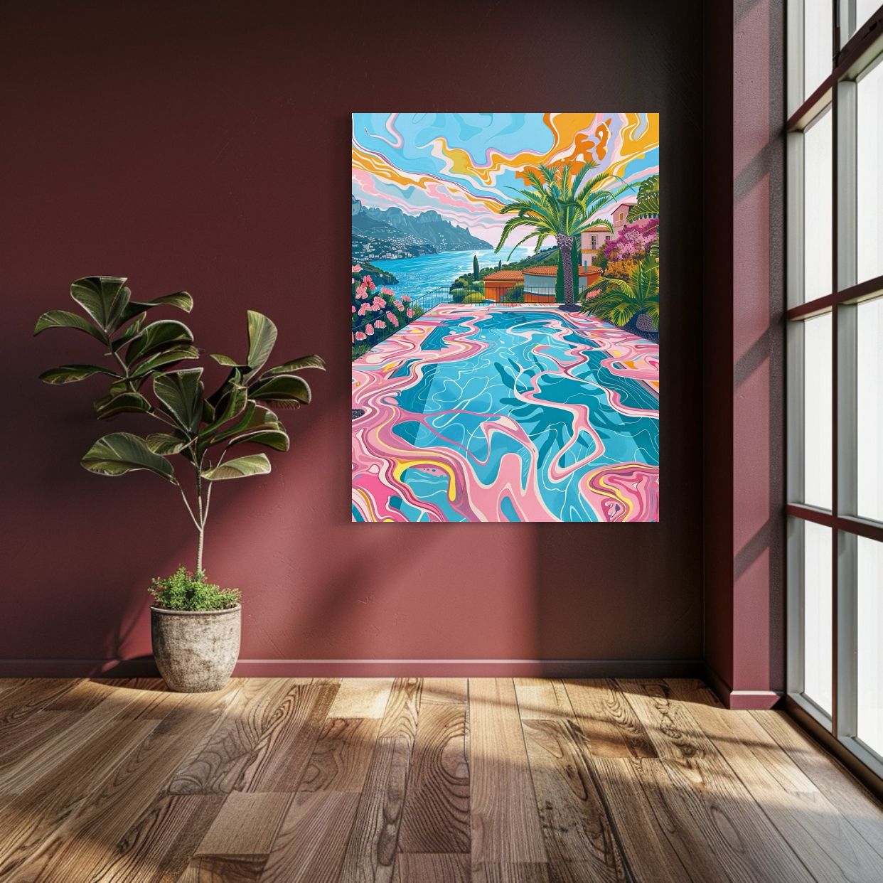 Colorful abstract Mediterranean pool scene with palm trees and vibrant sky