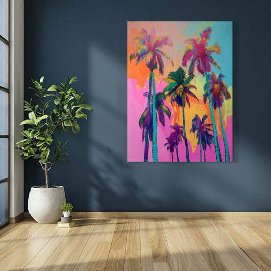 Vibrant psychedelic palm trees under a neon orange, pink, and blue sky
