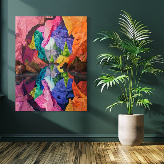Colorful abstract forest artwork with geometric rock formations and mirrored reflections in vivid rainbow hues.
