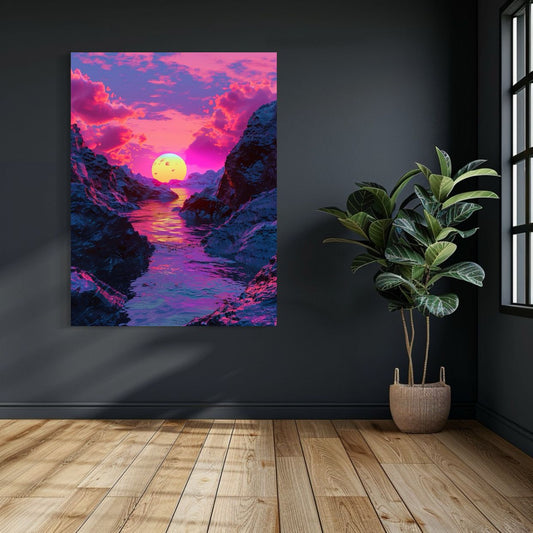 Surreal neon sunset over rocky cliffs with vivid pink clouds and glowing ocean reflections.