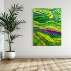 Abstract depiction of rice terraces in layered shades of green, yellow, and purple with stylized contours.