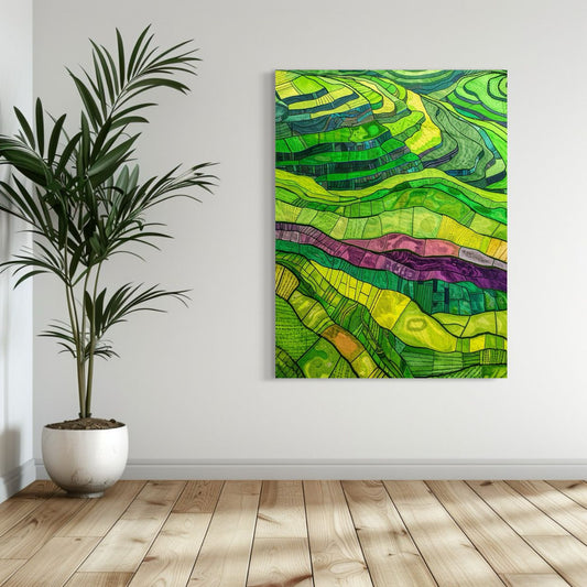 Abstract depiction of rice terraces in layered shades of green, yellow, and purple with stylized contours.