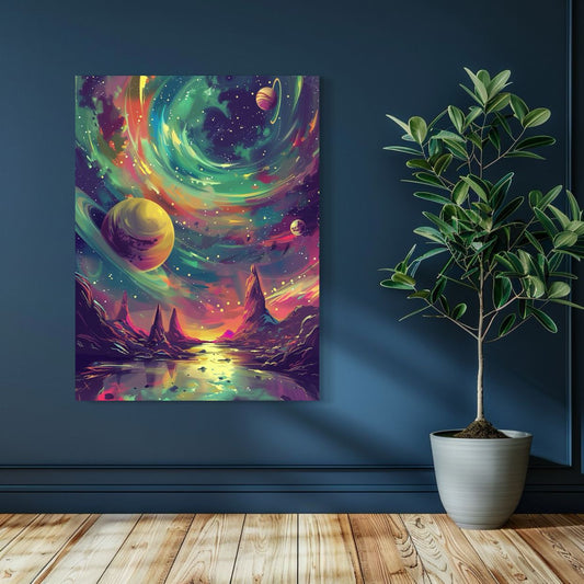 Vibrant cosmic artwork of a starry night sky with swirling galaxies, planets, and colorful clouds.