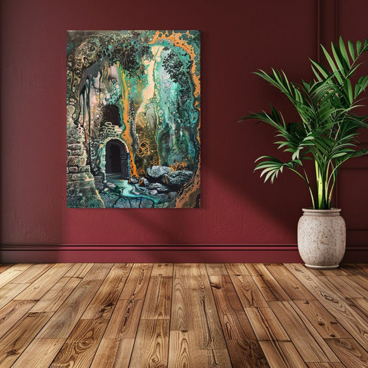 Abstract art showing lush green and orange textures overtaking an ancient stone ruin.