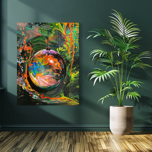 New Earth abstract painting of a suspended planet orb with glowing colors and vibrant energy flows