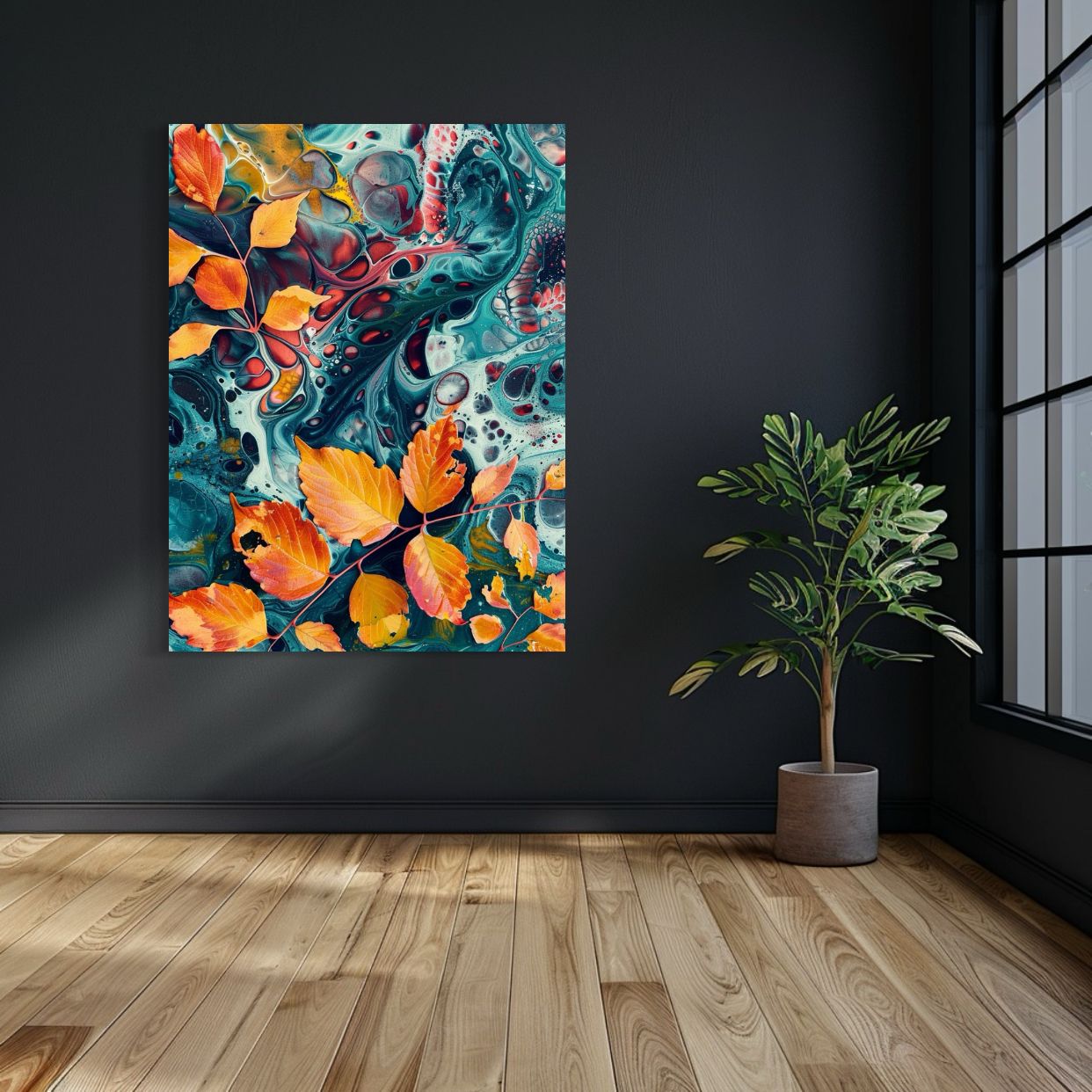 Abstract artwork with autumn leaves resting on a fluid marbled ocean-like background