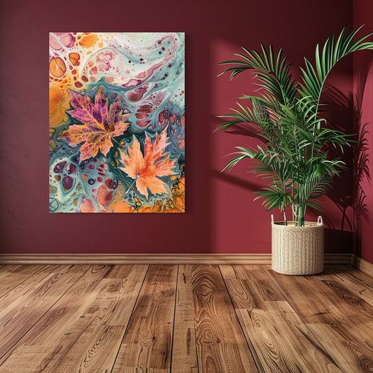 Psychedelic abstract artwork of colorful maple leaves floating in fluid autumn-inspired patterns, titled Leaf Flow.