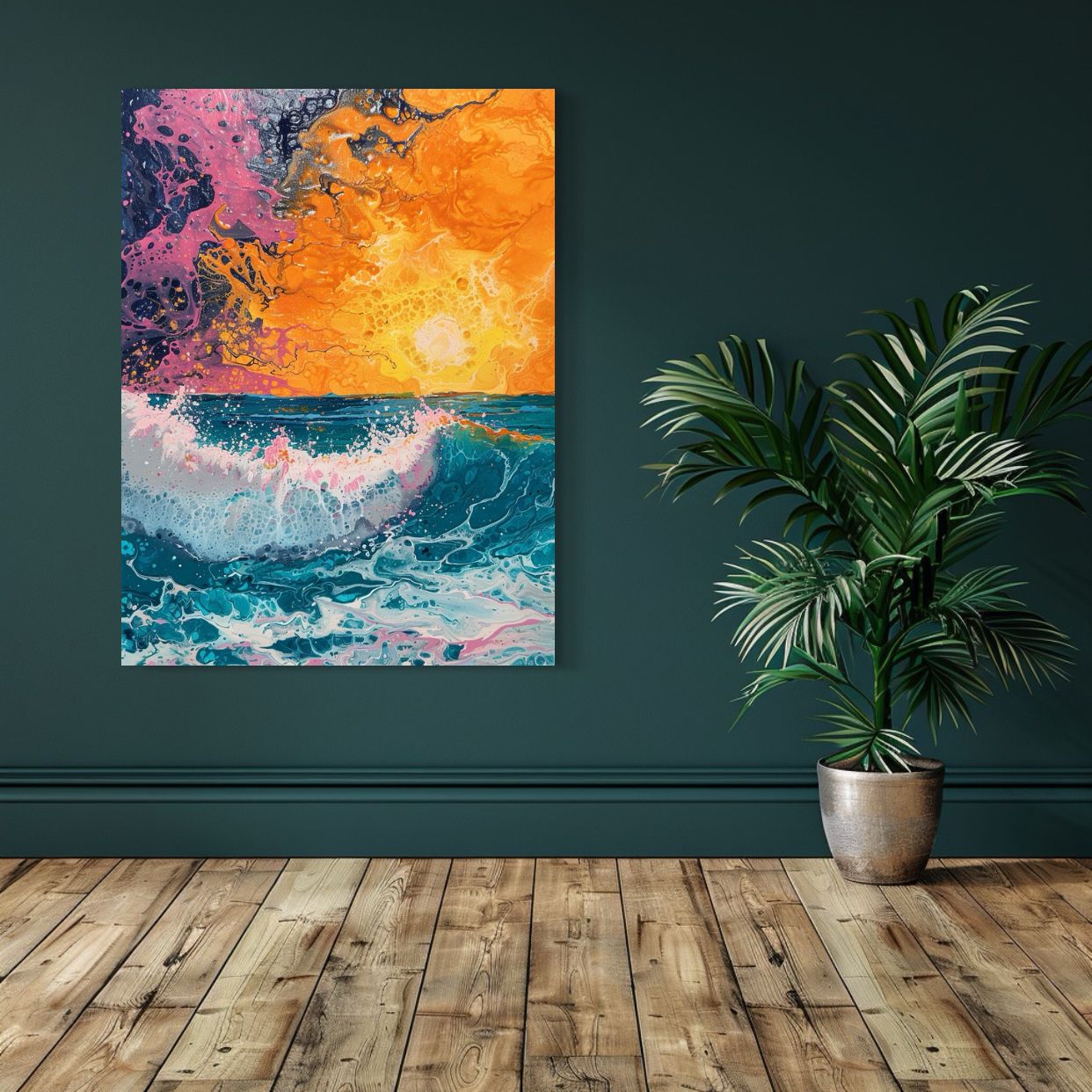 Abstract ocean artwork with golden sunlight, colorful crashing waves, and a dynamic, fluid paint texture.