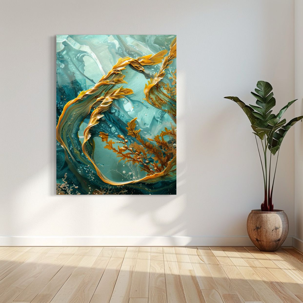 Abstract underwater ocean scene with flowing kelp in golden tones against a turquoise backdrop, titled Kelp Forest.