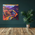 Colorful abstract artwork of the Grand Canyon with psychedelic textures and a glowing river cutting through layered canyon walls.