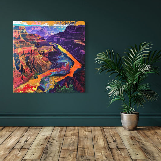 Colorful abstract artwork of the Grand Canyon with psychedelic textures and a glowing river cutting through layered canyon walls.