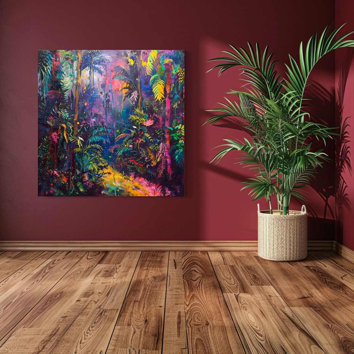 Abstract psychedelic forest artwork with neon plants and colorful jungle brushstrokes, titled Jungle Magic.