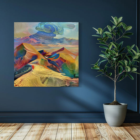 Psychedelic painting of sand dunes with surreal wave patterns and cosmic sky
