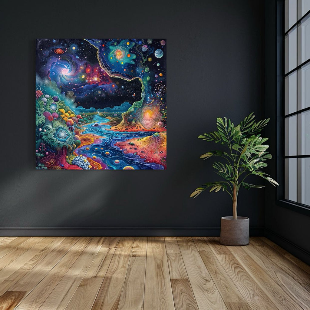 Psychedelic galaxy artwork with swirling stars and vibrant cosmic landscapes