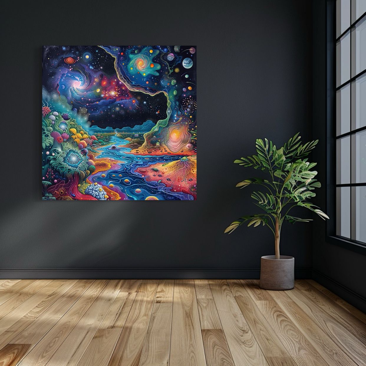 Psychedelic galaxy artwork with swirling stars and vibrant cosmic landscapes