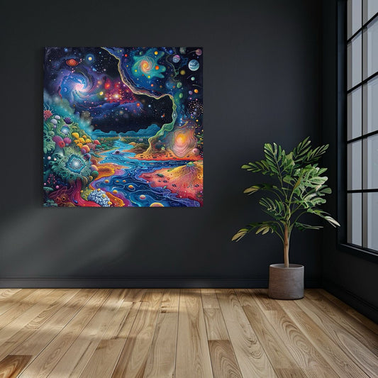 Psychedelic galaxy artwork with swirling stars and vibrant cosmic landscapes