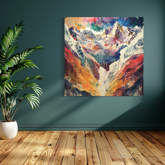 Colorful abstract mountain artwork with snowy peaks and vibrant painted textures.