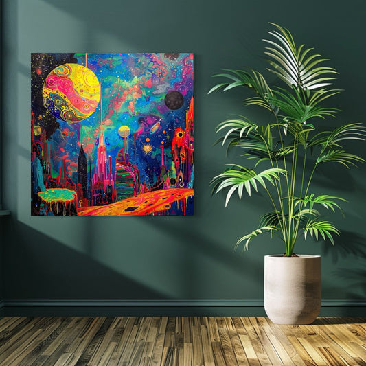 Colorful psychedelic sci-fi city with floating planets and vibrant cosmic background in deep space.
