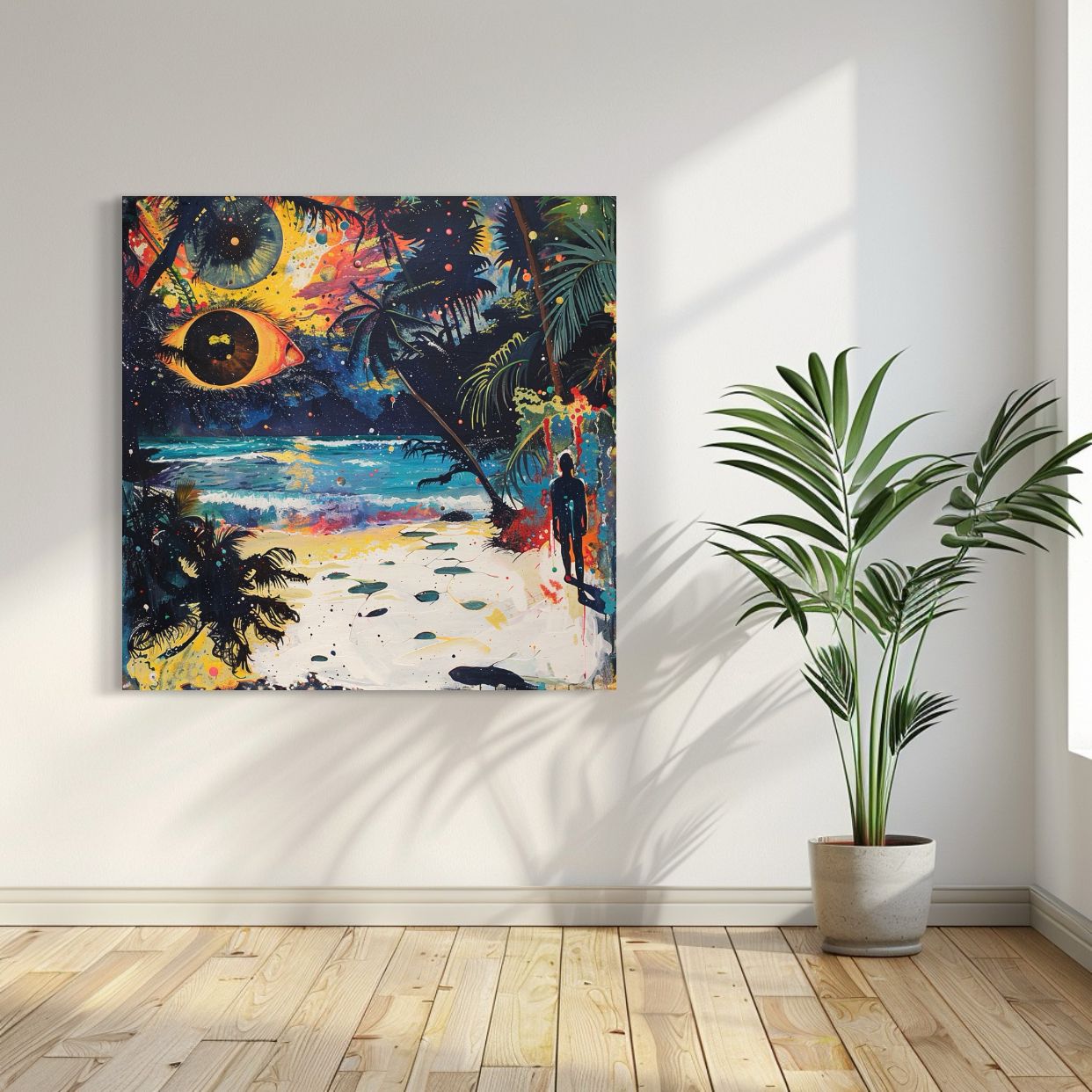 Surreal beach painting with cosmic eye, abstract palm trees, and colorful night sky